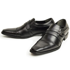新品■25cm ビジネスシューズ 革靴 サイドゴア スリッポン Wモンク 脚長 スクエアトゥ ロングノーズ 2E 日本製 フォーマル 紳士靴