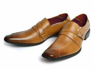 新品■25cm ビジネスシューズ 革靴 モンクストラップ スワールモカ ライン 脚長 スクエアトゥ ロングノーズ 2E 日本製 フォーマル 紳士靴