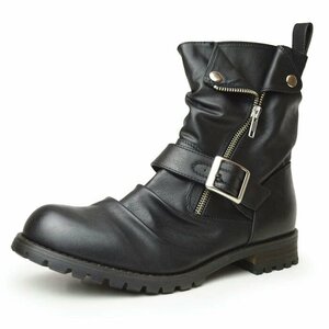  new goods #26cm men's dore-p engineer boots side zipper zip belt buckle Vintage lock visual long boots shoes 