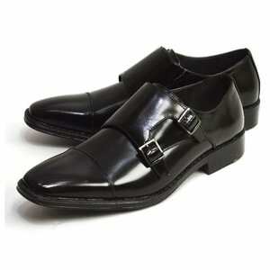 新品■26.5cm ビジネスシューズ 幅広 3E ダブルモンクストラップ ベルト バックル ストレートチップ 冠婚葬祭 メンズ フォーマル 紳士靴