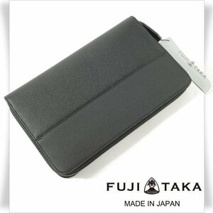 新品1円～★定価3万 FUJITAKA フジタカ 日本製 箱付き 牛革レザー スマートセルバッグ クラッチバッグ カード段4 ベリル 黒 ◆2196◆