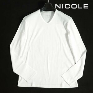 新品1円～★ニコル セレクション NICOLE selection メンズ コットン綿 長袖 Vネック リブストライプカットソー 50 LL 白 本物◆2282◆