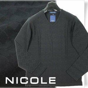 新品1円～★ニコル セレクション NICOLE selection メンズ ストレッチ コットン綿 長袖 Vネック アーガイルカットソー 50 LL 黒 ◆2357◆の画像1