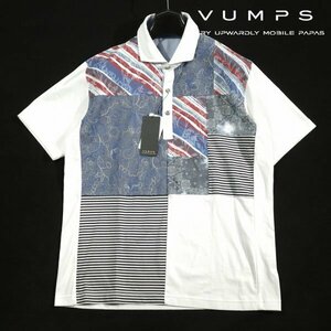 新品1円～★定価2万 VUMPS ヴァンプス 日本製 綿 パネルデザイン 半袖 コットン綿 イタリアンカラーシャツ 48 L 織柄 白 本物 ◆2441◆