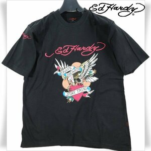 新品1円～★Ed Hardy エドハーディー メンズ 半袖 コットン綿 天竺 Tシャツ L 黒 ブラック クルーネック カットソー ◆2450◆