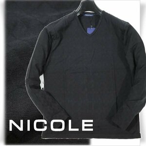 新品1円～★ニコル セレクション NICOLE selection メンズ ストレッチ 長袖 綿 Vネック アーガイルカットソー 50 LL ブラック 黒 ◆2579◆