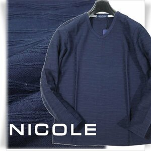 新品1円～★ニコル セレクション NICOLE selection メンズ ストレッチ 長袖 コットン綿 Vネック デザインカットソー 48 L ネイビー◆2617◆