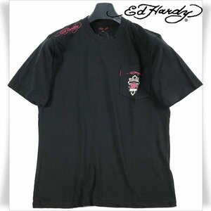 新品1円～★Ed Hardy エドハーディー メンズ 半袖 コットン綿 天竺 ポケット付き Tシャツ L 黒 ブラック クルーネック カットソー ◆2692◆