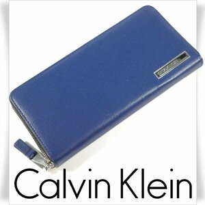 新品1円～★定価2万 CK CALVIN KLEIN カルバン クライン 箱付き 牛革レザー ラウンドファスナー長財布 ウォレット ポリッシュ 紺◆3010◆