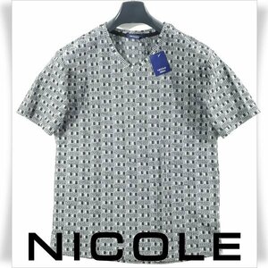 新品1円～★ニコル セレクション NICOLE selection 半袖 ストレッチ コットン綿 Vネック 幾何学模様柄 カットソー 48 L グレー 黒 ◆3191◆