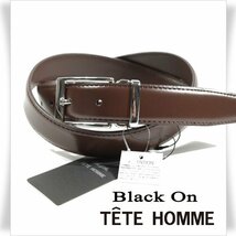 新品1円～★定価0.9万 Black On TETE HOMME テットオム 牛革レザー ビジネスベルト フリーサイズ 本革 茶 ブラウン 本物◆3244◆_画像1