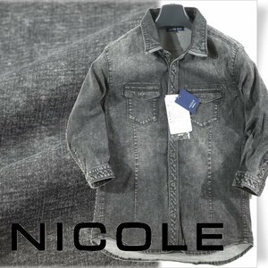 新品1円～★ニコル セレクション NICOLE selection メンズ 七分袖 ストレッチ ウォッシュデニムシャツ 48 L 綿 ブラック 本物◆3408◆