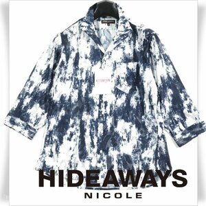 新品1円～★定価1万 HIDEAWAYS NICOLE ハイダウェイ ニコル メンズ ムラプリントジャガード7分袖シャツ 46 M 白×ネイビー ◆3890◆