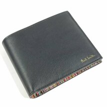 新品1円～★定価3.3万 ポールスミス Paul Smith 箱付 イタリア製 牛革 羊革レザー二つ折り財布 黒 マルチストライプ ウォレット ◆3985◆_画像5