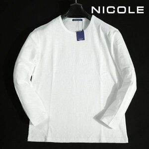 新品1円～★ニコル セレクション NICOLE selection メンズ ストレッチ 長袖 綿 クルーネック 市松柄カットソー 50 LL 白 ◆4193◆