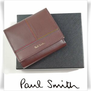 新品1円～★ポールスミス Paul Smith 箱付 牛革 レザー二つ折り財布 チョコ ブライトストライプカラーエッジ 本革 コンパクト財布 ◆4230◆