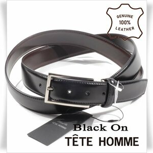 新品1円～★定価0.9万 Black On TETE HOMME テットオム 牛革レザー ビジネスベルト フリーサイズ 本革 黒 ブラック 本物◆4633◆