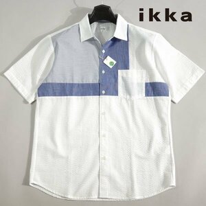 新品1円～★ikka イッカ メンズ 春夏 半袖 サッカーブロック切り替えシャツ L 白 正規店本物 ◆4731◆