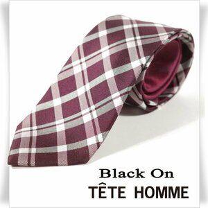 新品1円～★Black On TETE HOMME テットオム シルク絹100% ネクタイ 織柄 チェック ボルドー 正規店本物◆4740◆