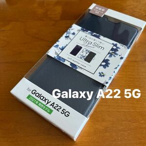 Galaxy A22 5G ソフトレザーケース 薄型 磁石付 フラワーズ ネイビー　手帳型　カバー　（3）