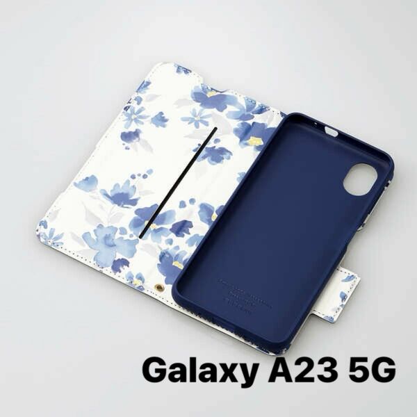 Galaxy A23 5G ソフトレザーケース 薄型 磁石　フラワーズ　ネイビー　手帳型　カバー