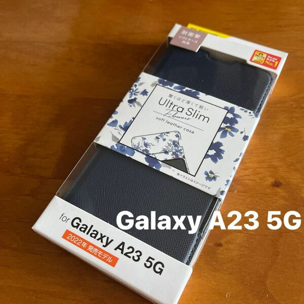 Galaxy A23 5G ソフトレザーケース 薄型 磁石　フラワーズ　ネイビー　手帳型　カバー　GALAXYa23 5g