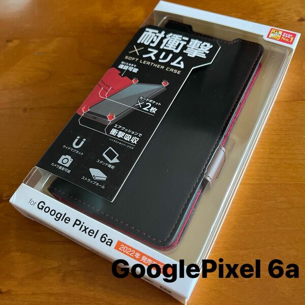 Google Pixel 6a ソフトレザーケース 磁石付 耐衝撃 ステッチ グーグルピクセル6a ブラック　カバー　手帳型（1）