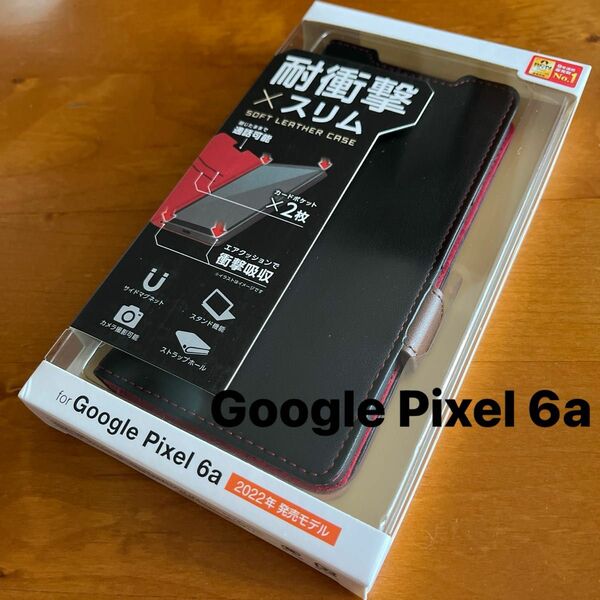 Google Pixel 6a ソフトレザーケース 磁石付 耐衝撃 ステッチ グーグルピクセル6a ブラック　手帳型　（5）