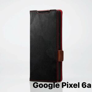 Google Pixel 6a ソフトレザーケース 磁石付 耐衝撃 ステッチ グーグルピクセル6a ブラック　手帳型