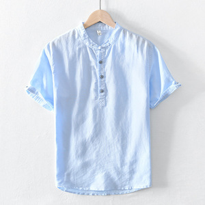 半袖シャツ　リネンシャツ　綿麻混　プルオーバーシャツ　夏服　カジュアルシャツ　サマーシャツ　トップス ブルー