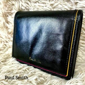 【Paul Smith/ポールスミス/美品】二つ折り財布【マルチストライプ/ミニ財布/ブラック/札入れ/小銭入れ】 レザー カード