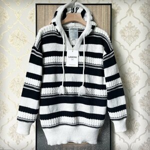 逸品EU製＆定価4万◆UABONI*Paris*ニットパーカー*ユアボニ*パリ発◆ウール混 厚手 保温 個性 セーター ストライプ プルオーバー M/46