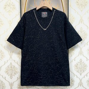 絶賛EU製＆定価2万◆UABONI*Paris*半袖Tシャツ*ユアボニ*フランス◆快適 吸汗 薄手 総柄 キラキラ チェーン カットソー スウェット 街着2XL