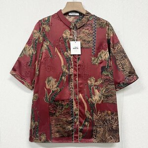 上級ヨーロッパ製※定価3万◆ブルガリア発※RISELIN 半袖Tシャツ 高級シルク混 速乾 薄手 総柄 折り襟 上品 トップス カジュアル 夏 M/46