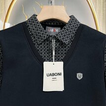 高級EU製＆定価5万◆UABONI*Paris*長袖ポロシャツ*ユアボニ*パリ発◆上質 暖かい 裏起毛 ソフト 切替 レトロ 定番 通勤 ビジネス L/48_画像3