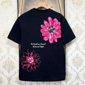 人気EU製＆定価2万◆UABONI*Paris*半袖Tシャツ*ユアボニ*パリ発◆上質 快適 吸汗 ソフト 花柄 プルオーバー トップス 可愛い 男女兼用 2XL