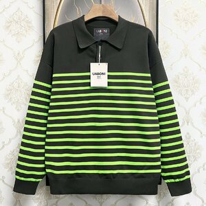  high grade EU made & regular price 4 ten thousand *UABONI*Paris* polo-shirt with long sleeves *yuaboni* Paris departure * on goods comfortable border pattern knitted tops leisure relax M/46