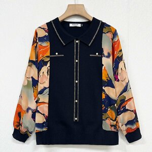  new work Europe made * regular price 4 ten thousand * BVLGARY a departure *RISELIN tops knitted blouse thin switch unusual material floral print elegant lady's spring summer 2XL