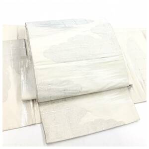 上質　正絹　袋帯　二部式　ホワイトシルバー　雲取り　二重太鼓　作り帯