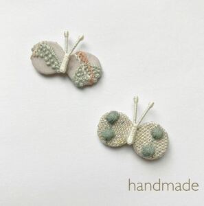 2点セット◯ハンドメイド ちょうちょブローチ　ミナペルホネンはぎれ使用　ミニブローチ プレゼント 刺繍 タンバリン グリーン