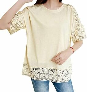 [KumiModa] レディース Tシャツ 5分袖 レース 花柄 刺繍 トップス 大きいサイズ クルーネック 可愛い 着せ 体型