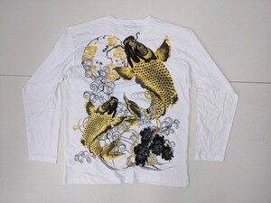 18．大きいサイズ 和風景 アビリティ―バーン 和柄 鯉 花柄 長袖Tシャツ メンズ3L 白黒金グレーx205