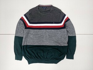 2．大きいサイズ トミーヒルフィガー TOMMY HILFIGER コットン ボーダーデザイン ニットトレーナー メンズXXL グレー赤ネイビー緑 x204