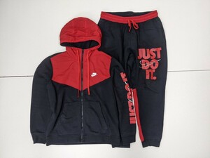 13．NIKE 2点 セット ナイキ JUST DO IT スウォッシュ ナイロン切替 スウェット パーカー パンツ スウェット上下 メンズL/XL 黒赤白 y207