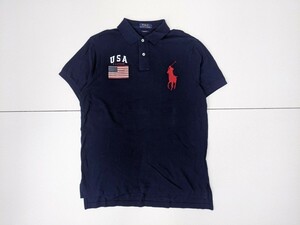 13．ラルフローレン POLO RALPH LAUREN ビックポニー 星条旗 USA 鹿の子 半袖ポロシャツ メンズM相当 ネイビー赤白x209