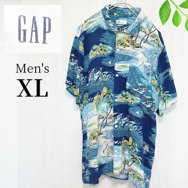 美品【Gap】メンズXL アロハシャツ　半袖シャツ　青　ブルー　ヤシの木　海　夏