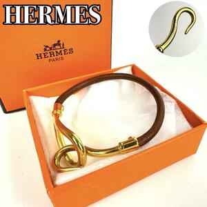 【極美品】HERMES エルメス ジャンボ ブレスレット ゴールド金具 腕輪 アクセサリー 小物 レディース 男女兼用 チョーカー バングル レザー