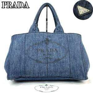 【極美品】PRADA プラダ ハンドバッグ カナパ L 三角ロゴ プレート トライアングル ゴールド金具 トートバッグ 男女兼用 デニム ブルー