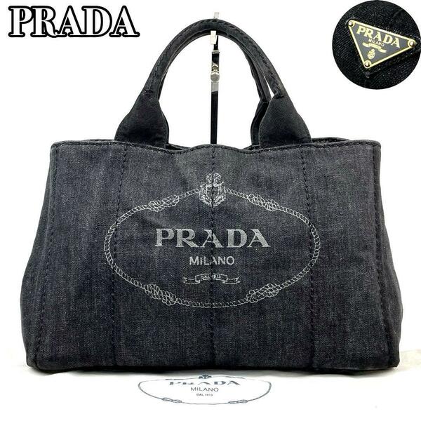 【極美品】PRADA プラダ ハンドバッグ カナパ L 三角ロゴ プレート トライアングル ゴールド金具 トートバッグ 男女兼用 デニム ブラック