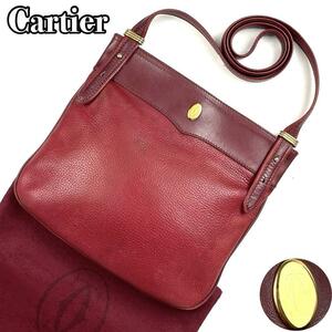 美品 Cartier カルティエ トリニティ マストライン ショルダーバッグ サコッシュ ゴールド金具 ロゴ型押し 裏地総柄 男女兼用 レザー 赤茶